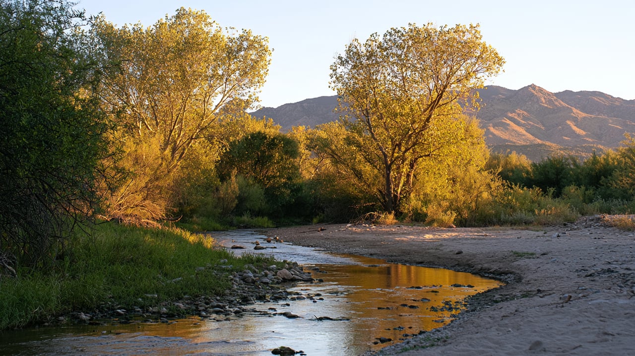 A shallow creek reflects golden cottonwoods beneath mountain ridges.