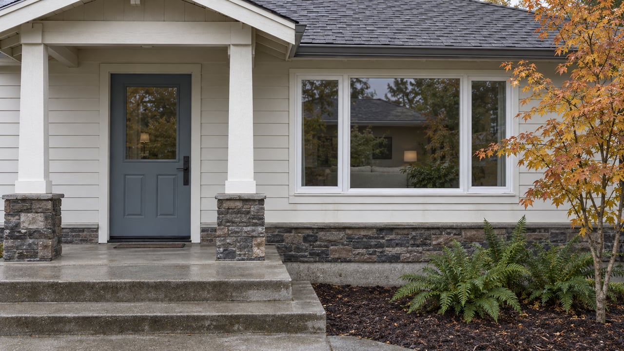 A recessed blue-gray front door beside a white-framed window, with weathered siding, stone base, concrete steps and autumn vine maple leaves.