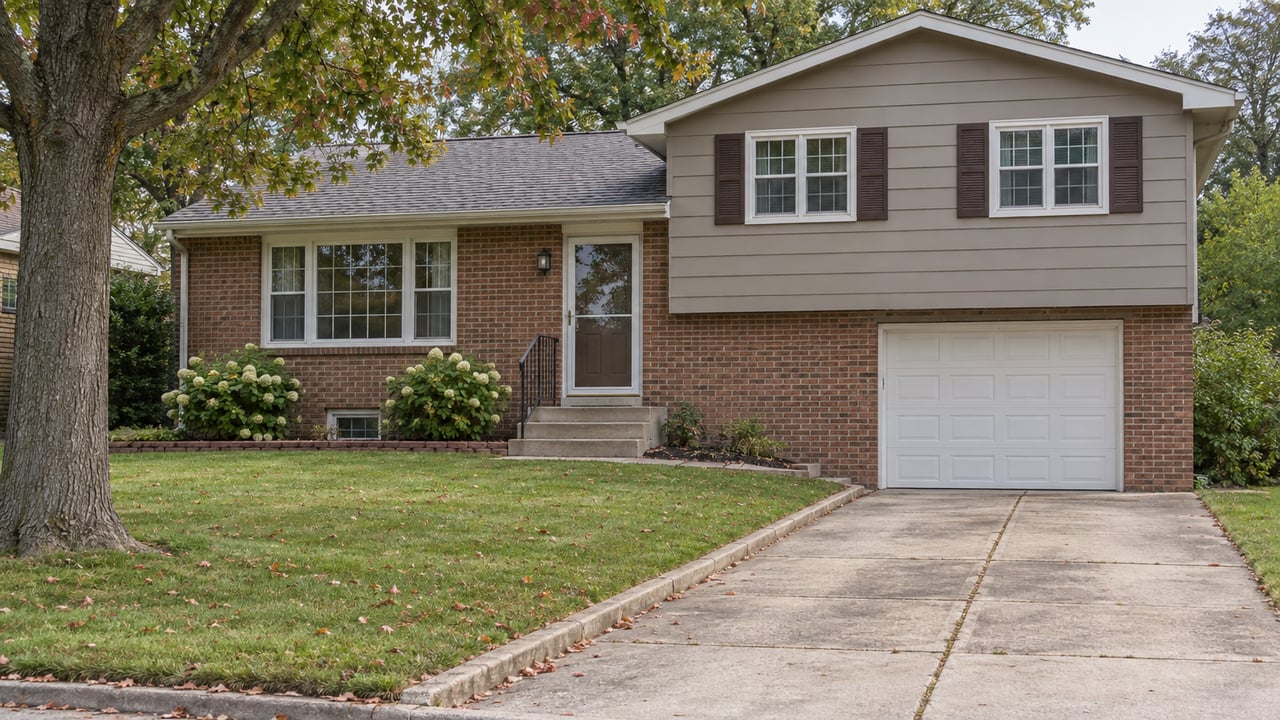 Split-level house with taupe siding, red brick lower story, concrete driveway, lawn, and a mature oak.