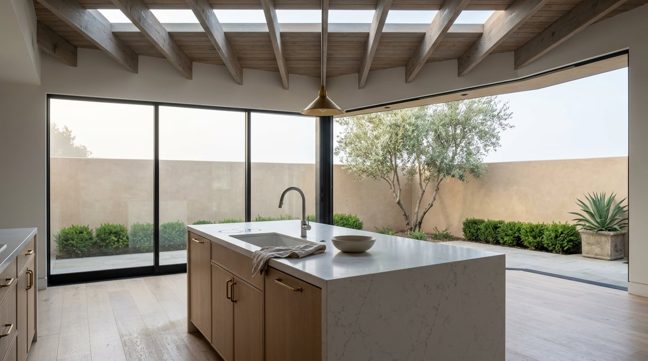 Open-plan kitchen with a quartz island, exposed timber rafters, and glass doors overlooking an olive tree.