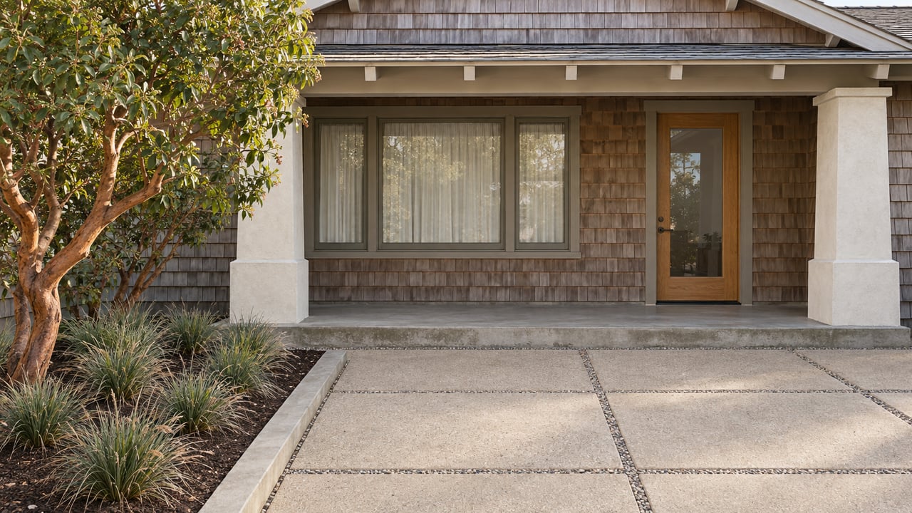 Silvered cedar bungalow with an oak-and-glass entry, a sheltered concrete porch and a planted courtyard in soft morning light.