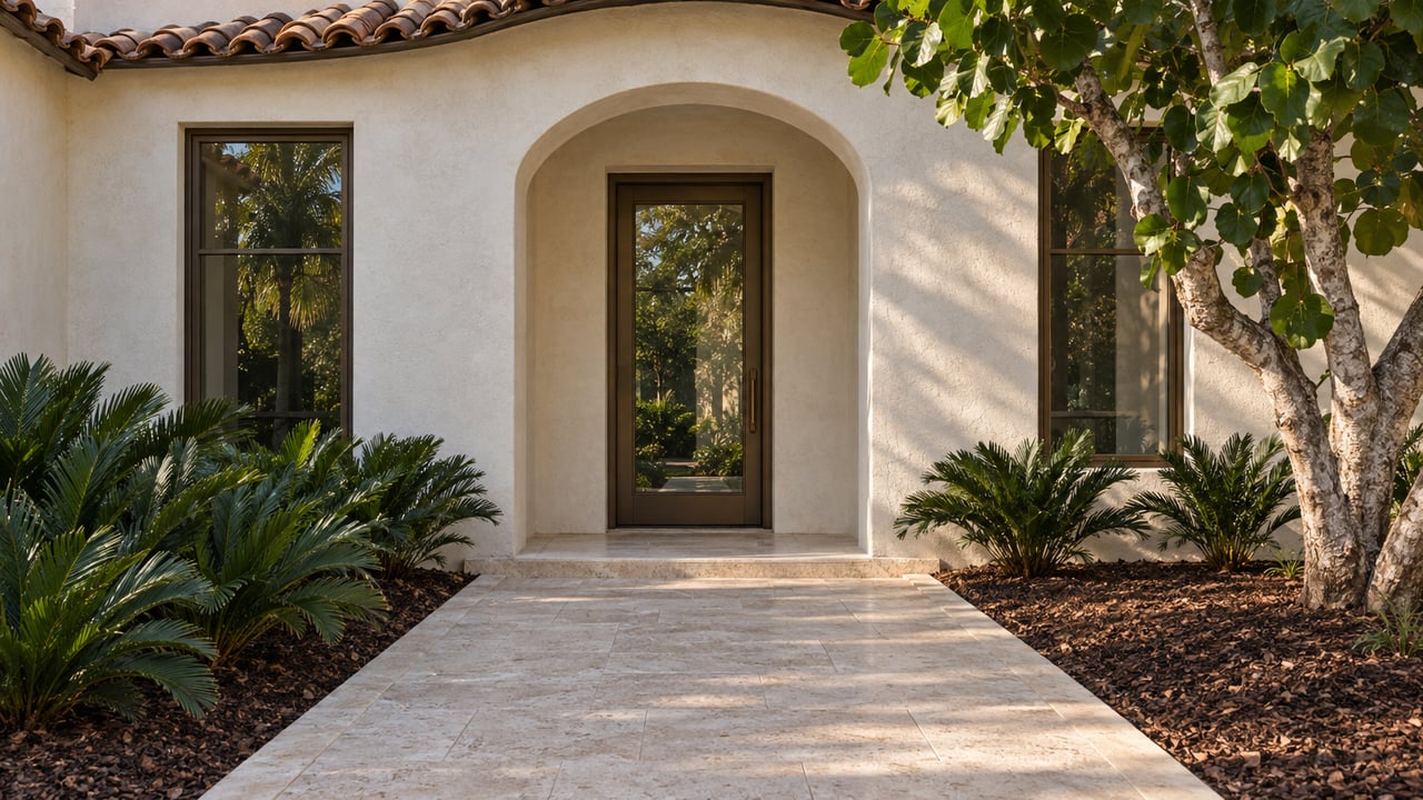 Ivory stucco home with a bronze-framed glazed entry, pale limestone walkway, and sculptural sea grape planting in afternoon light.
