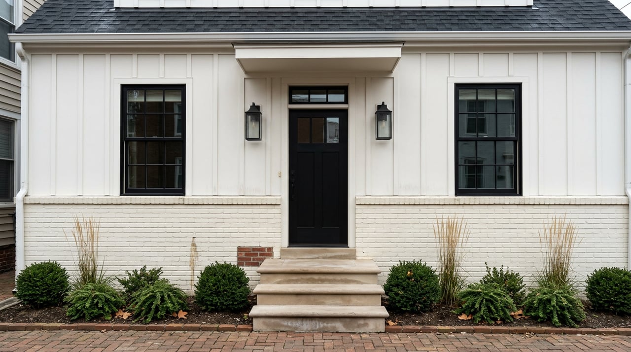 White brick-and-board-and-batten entry with black door, paired windows, worn stone steps, and clipped shrubs.