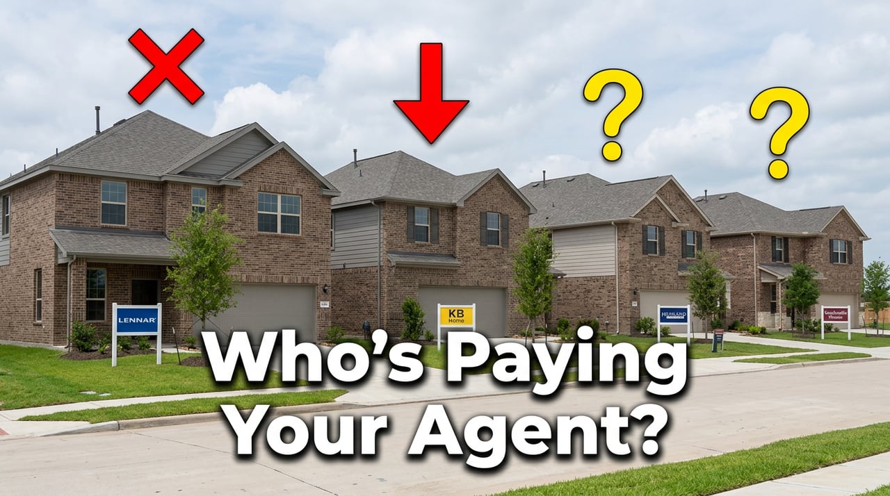 Row of Houston new construction homes with Lennar, KB Home, Highland Homes signs. Text reads: Who's Paying Your Agent?