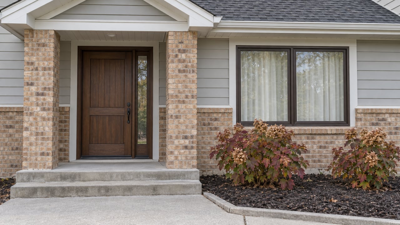 A gabled entrance with buff brick piers, a walnut-stained door, and autumn oakleaf hydrangeas beside a concrete approach.