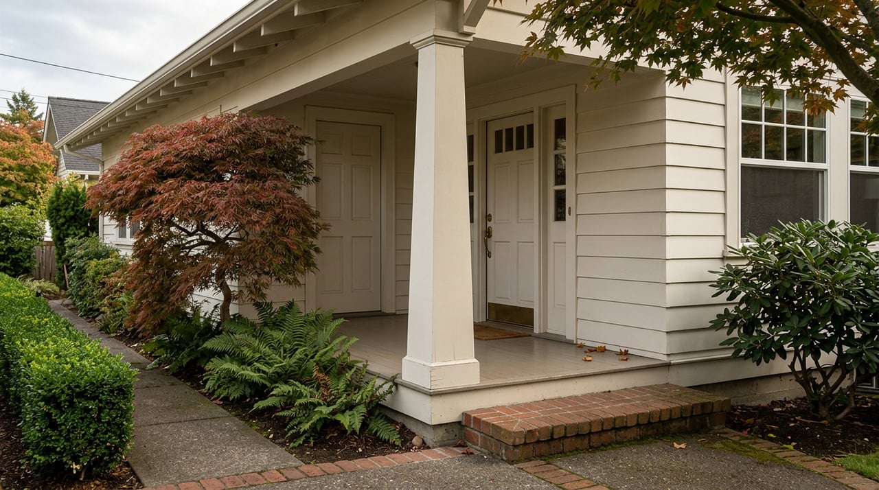 Craftsman porch entry with a paneled door, brick steps, red-bronze maple leaves, and ferns beside the walkway.