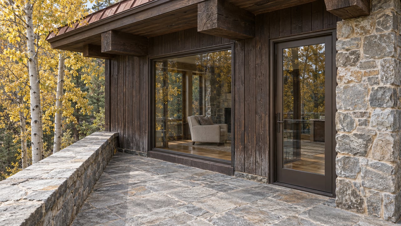 Dark timber and quartzite terrace corner with bronze-framed glazing and golden aspen leaves.