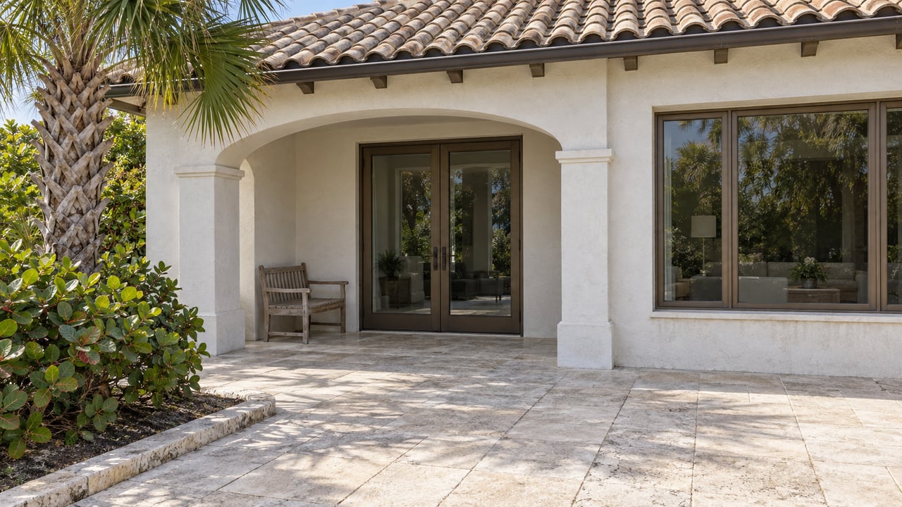 Sunlit stucco home with a tiled roof, arched terrace, bronze-framed glass doors and mature palm beside a limestone-bordered garden.