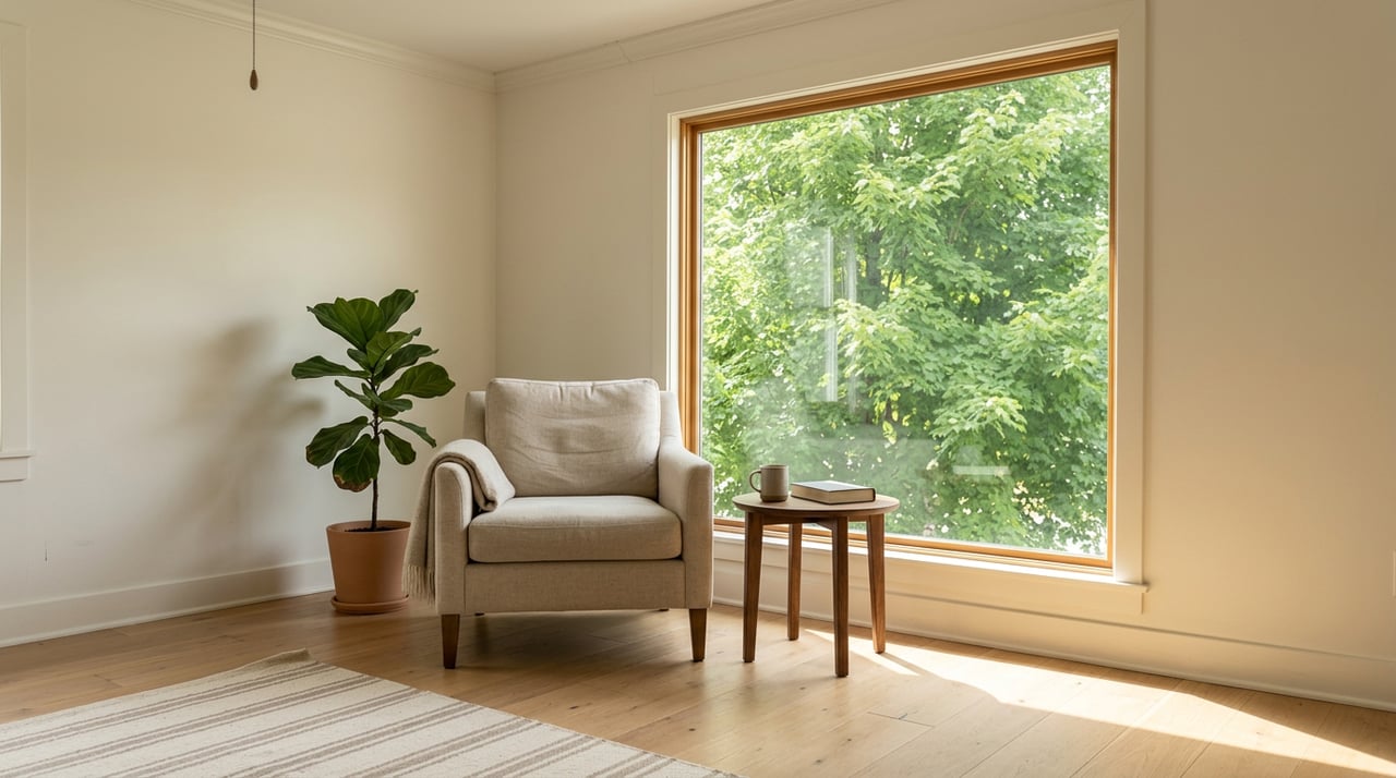 Sunlit linen armchair beside a picture window, with a walnut table, mug, book, and leafy fig.