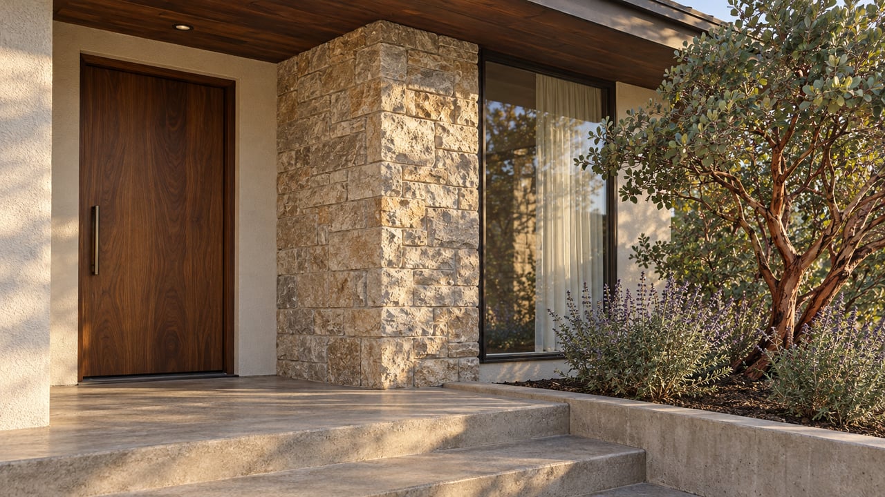Morning light crosses a walnut front door, buff stone pier, and concrete entry steps beside a red-barked manzanita.