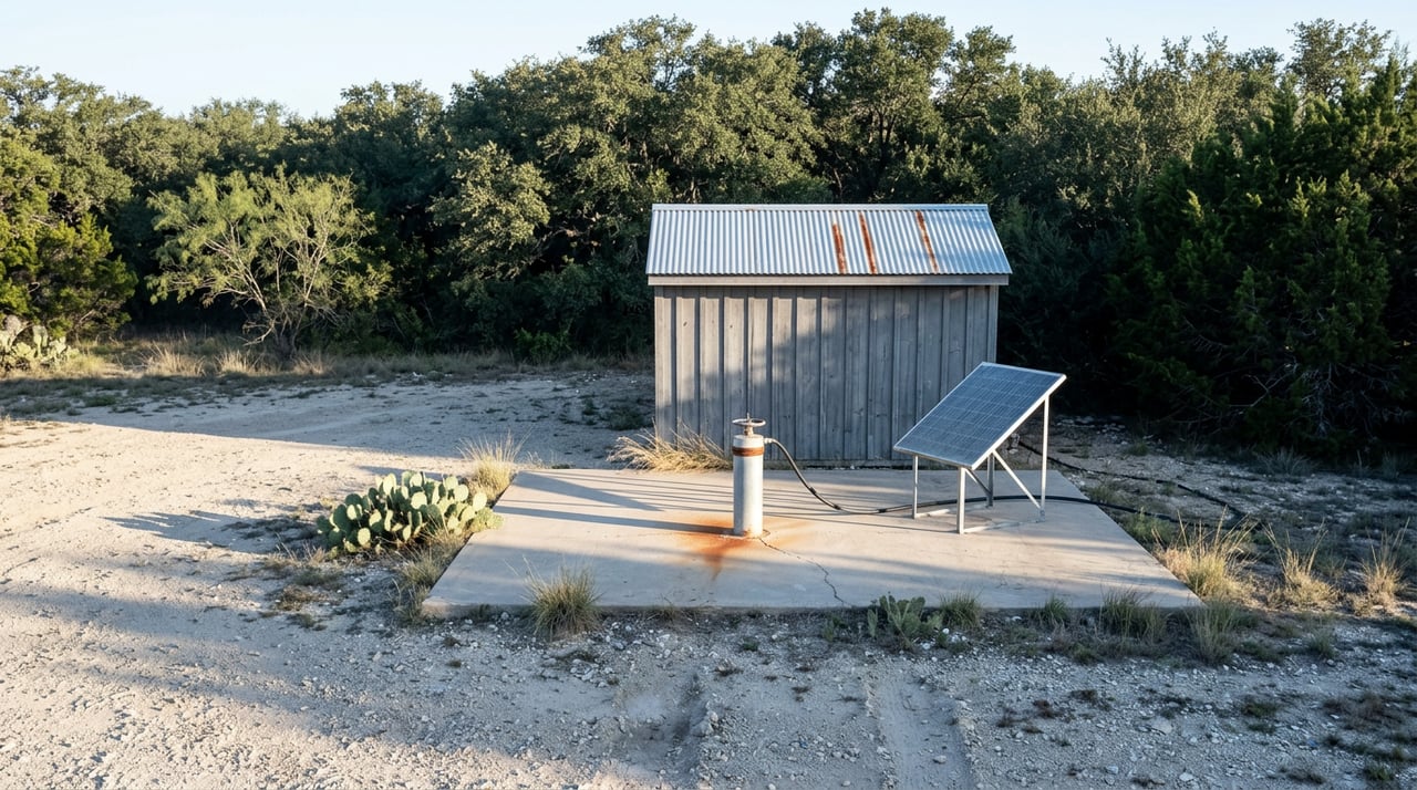 Galvanized well casing on a concrete pad beside a dusty solar panel and small board-and-batten shed.