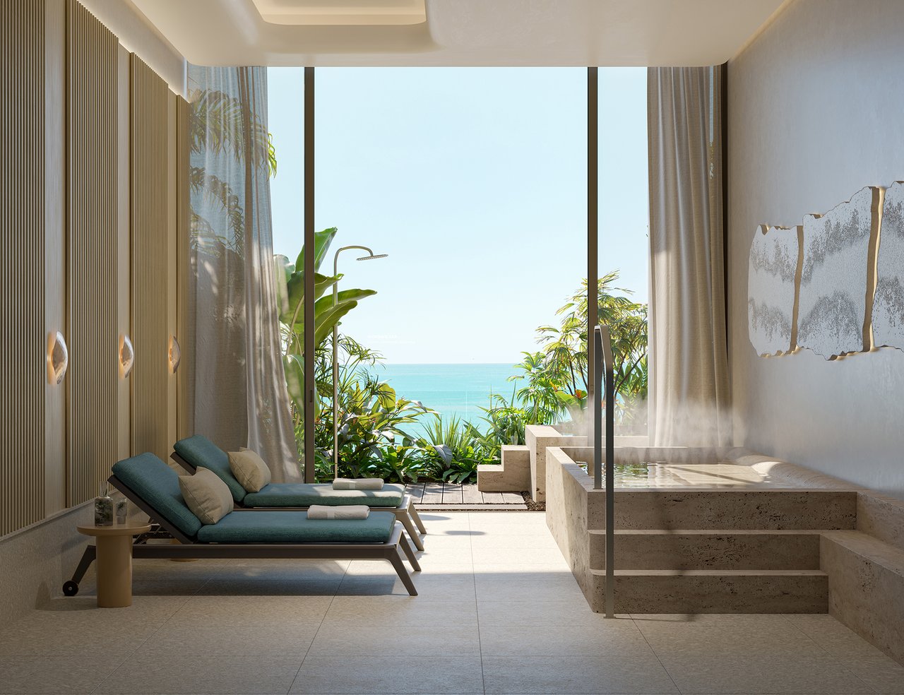 Luxury bathroom with a soaking tub, lounge chairs, and ocean views.