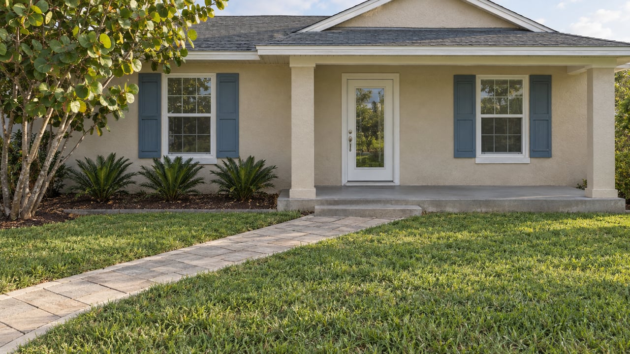 A pale stucco home with blue shutters and a low covered porch, viewed across a lawn and gray paver walk.