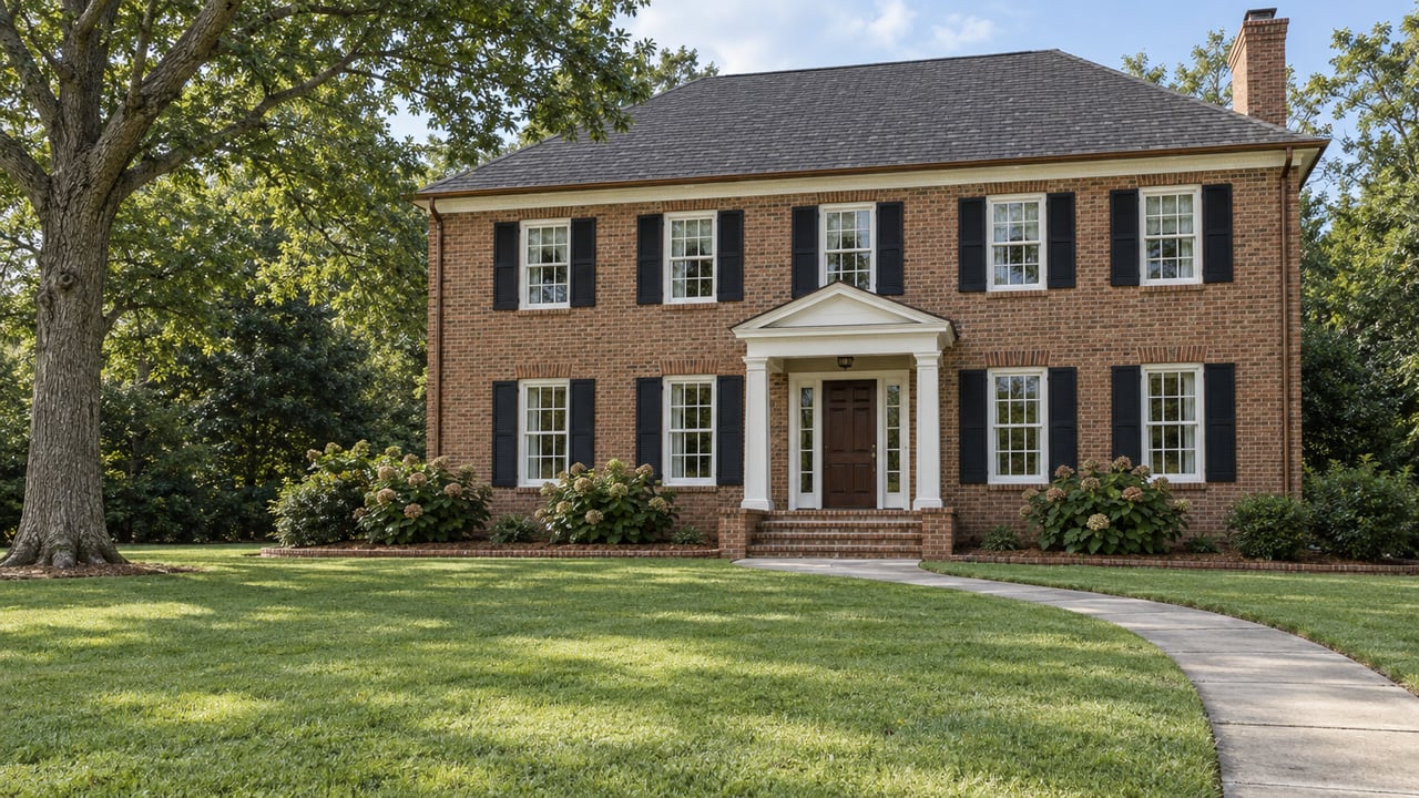 Two-story russet brick home with white entry columns, black shutters, a broad lawn, and a mature oak.