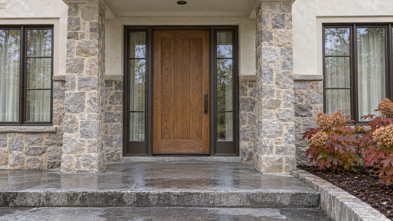 Rain-damp granite steps lead to an oak front door framed by paired sidelights, gray fieldstone, ivory stucco and autumn oakleaf hydrangeas.