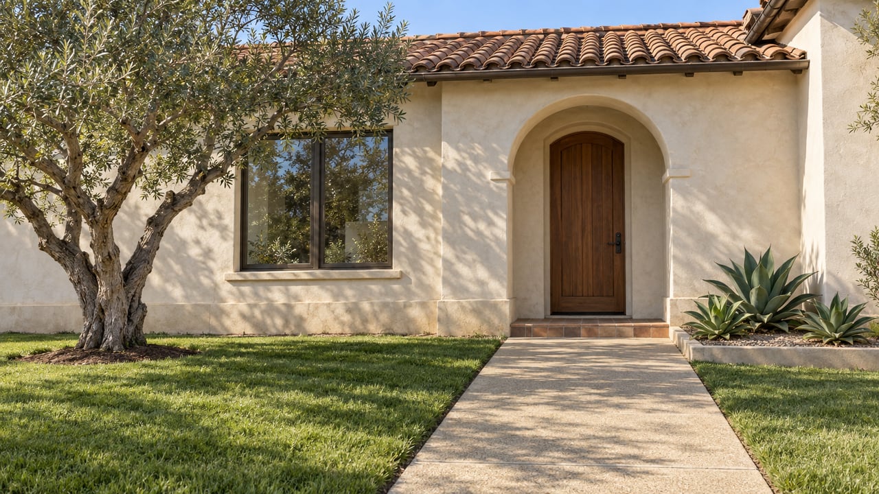Cream stucco home with a clay-tile roof, arched oak entry, olive tree and a concrete approach crossing the front lawn.