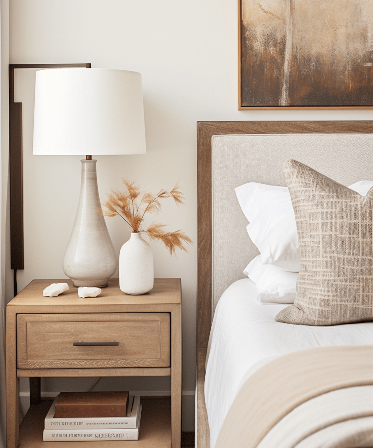 Bedroom bedside with a wood nightstand, ceramic lamp, dried grasses, and textured pillows on a white bed.