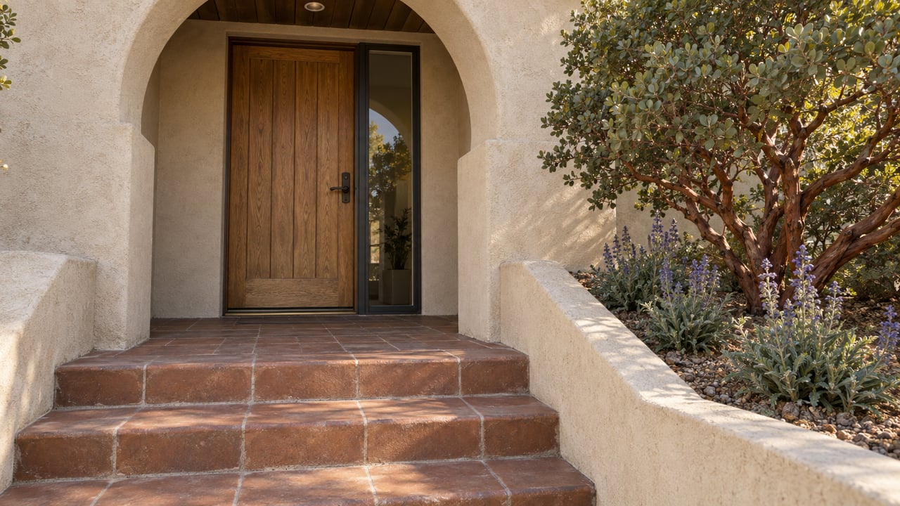 Sunlit stucco arch frames an oak front door above weathered terracotta steps beside sculptural manzanita planting.