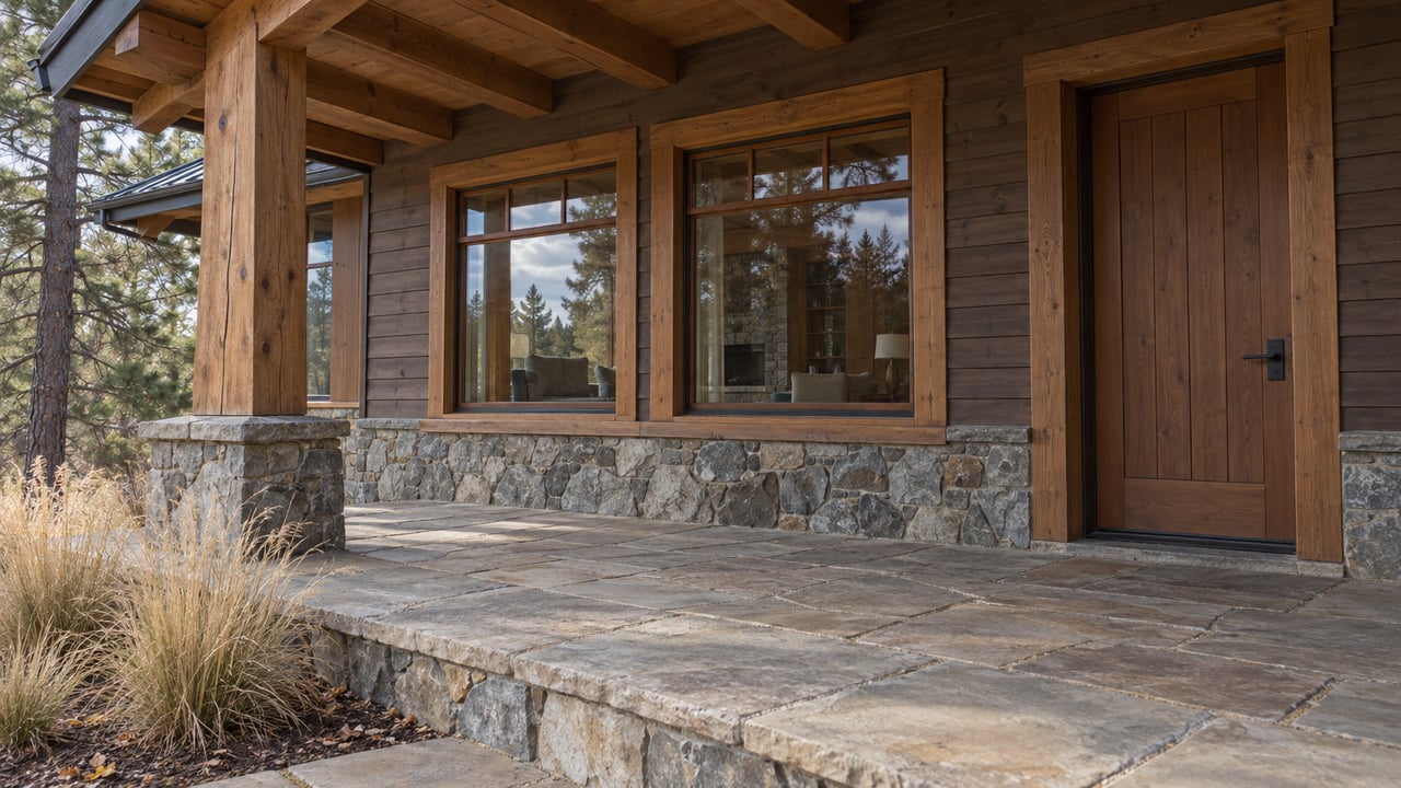 Timber home entry with broad wood-framed windows, gray stone foundation and weathered sandstone terrace beside dry bunchgrass.