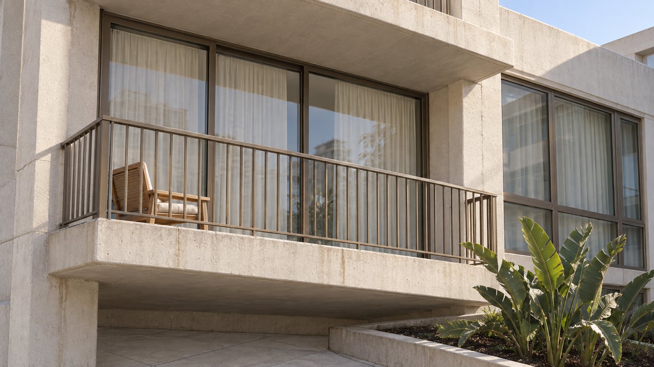 Condominium balcony with bronze rail, closed glass doors, teak chair, and a courtyard bird-of-paradise plant.
