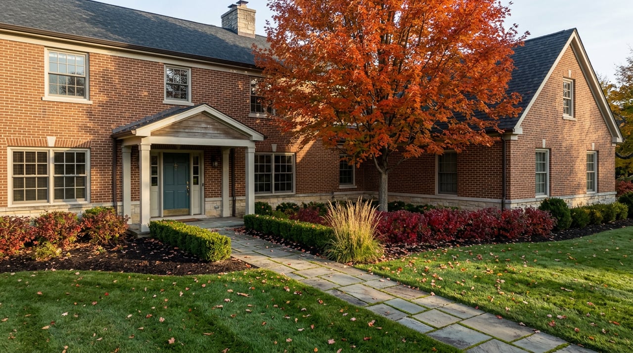 Brick home with a teal front door, flagstone walkway, and orange-red maple tree.