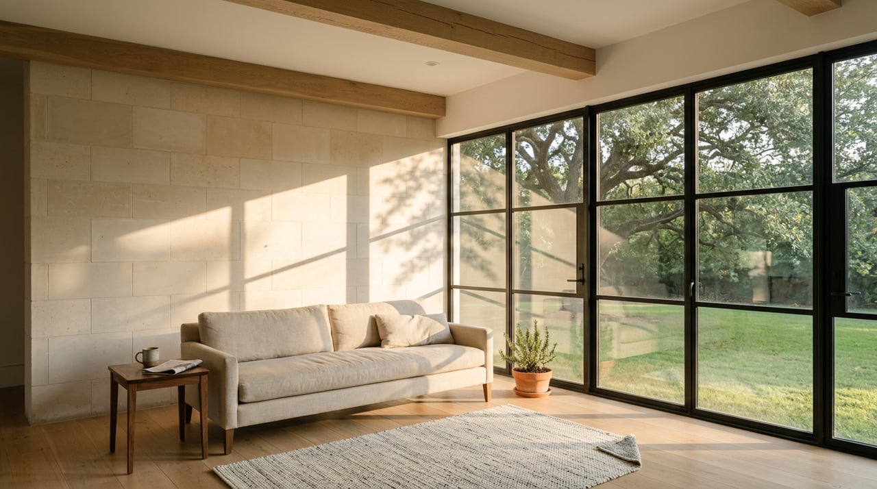 Limestone sitting room with an oatmeal sofa, walnut table, and live oak visible through sunlit steel-framed windows.