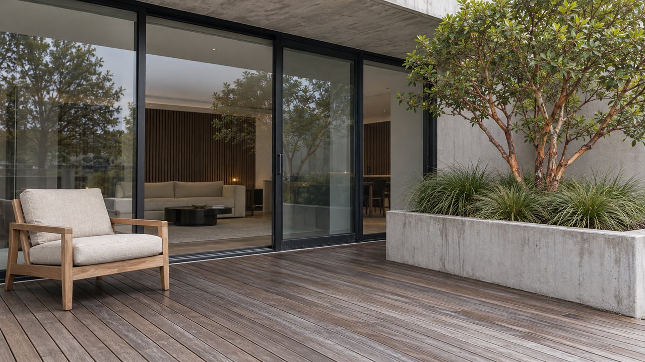 A timber residential terrace with a teak chair, raised concrete strawberry-tree planter, and black-framed glass doors beneath a concrete overhang.