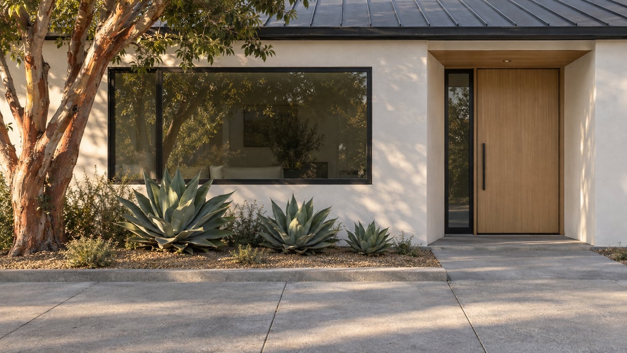 Modern stucco house with a recessed oak door, broad black-framed window, and agaves beside the entry.
