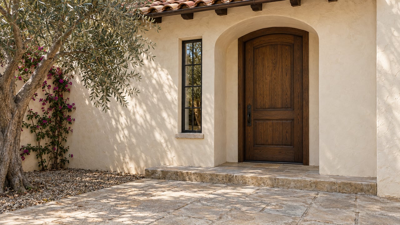 Recessed oak entry beneath a plaster arch, with a narrow iron casement, sandstone paving, and an olive tree.