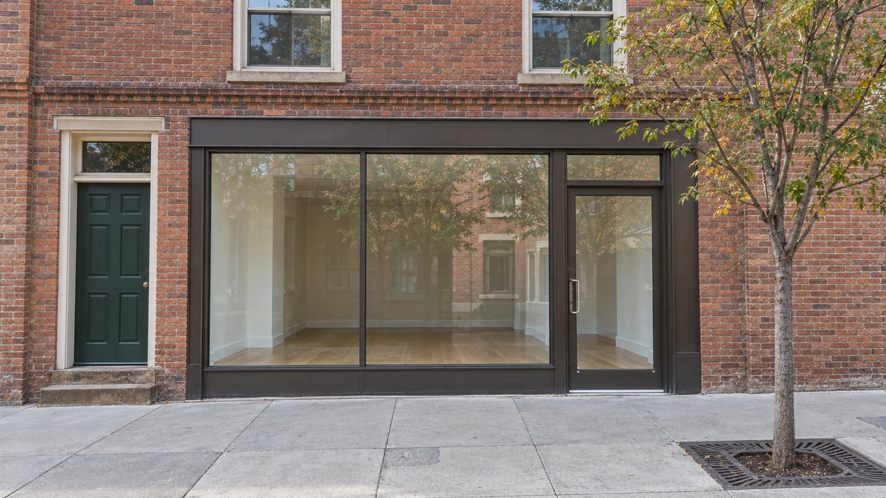 Brick storefront with a closed glass entrance, deep green residential door, and young tree in a sidewalk grate.