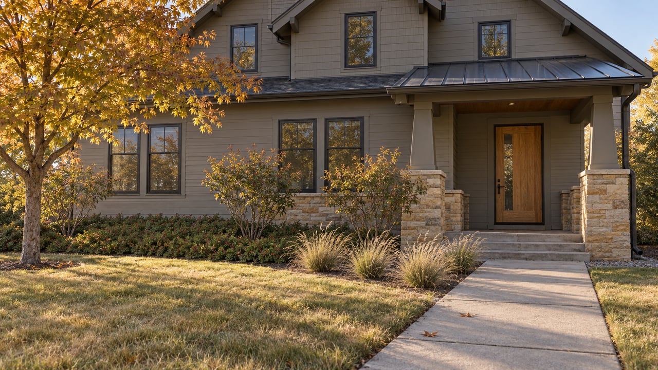 Warm-gray Craftsman home with a sandstone porch, oak door, and amber-leaved maple beside a broad concrete walk.