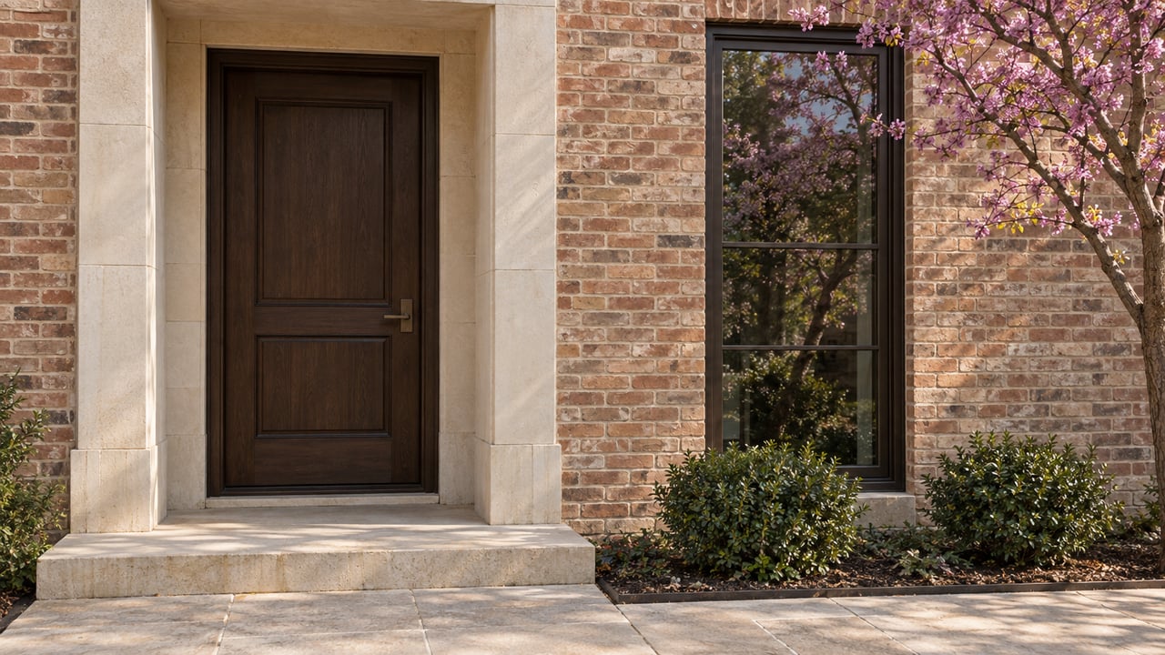 Brick house entry with a recessed oak door, limestone step, glazed window, redbud, and two dwarf hollies.