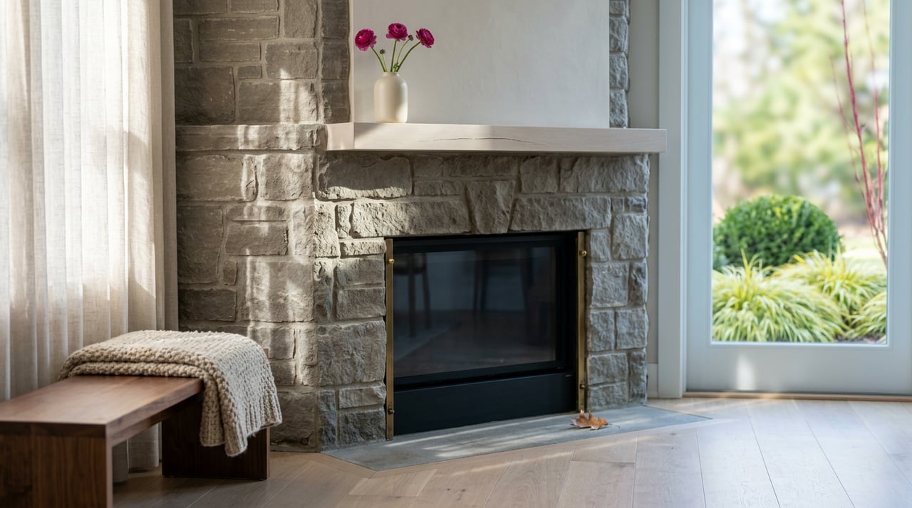 Stone fireplace with dark-glass firebox, ceramic vase of magenta flowers, and throw on bench.