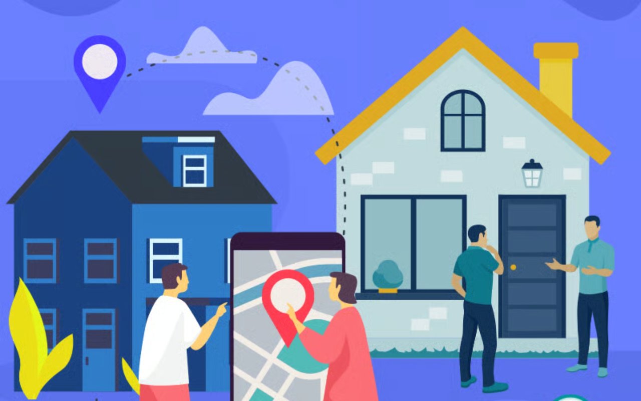 Illustration of home showings, with a map between two houses and people meeting outside one.