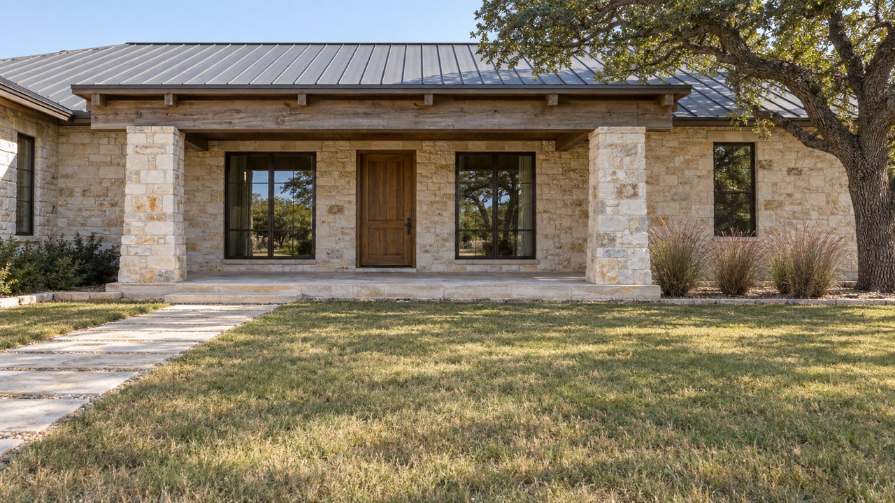 Limestone single-story home with a deep timber porch, dark metal roof and spreading live oak beyond an open autumn lawn.