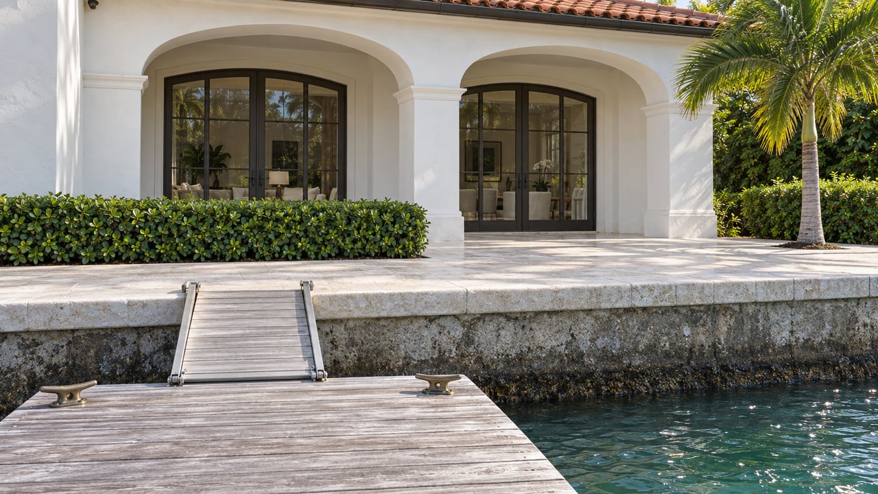 Sun-silvered dock leads to a limestone seawall and white-stucco house with arched French doors.