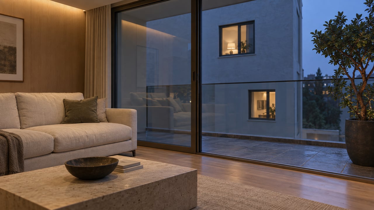 Condo living room with a cream sofa, limestone coffee table, and glazed balcony beside a potted tree.