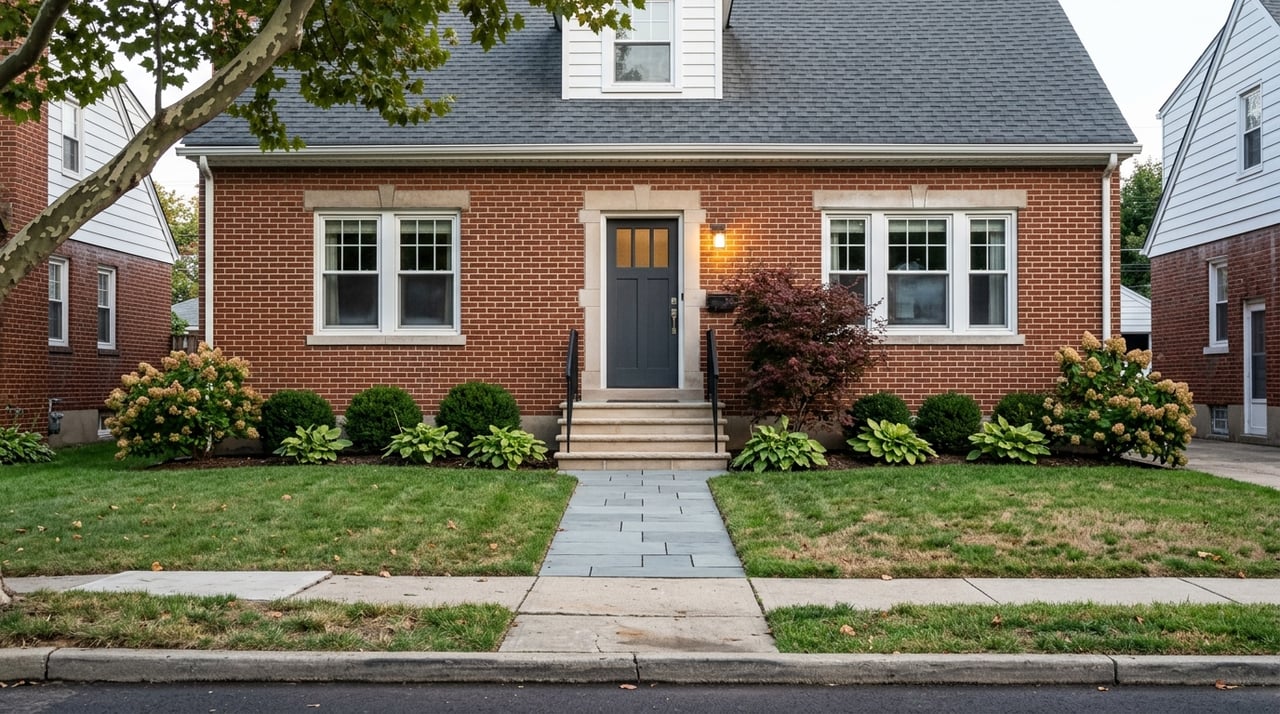 Two-family brick house with a stoop, bluestone walkway, manicured planting, and neighboring facades at the edges.