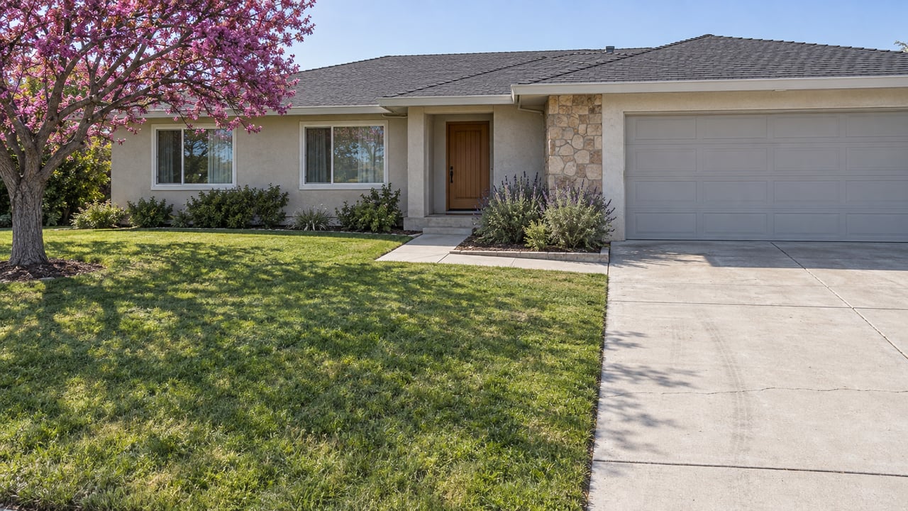 Single-story home with a stone entry, wide garage, green lawn, and flowering pink tree.
