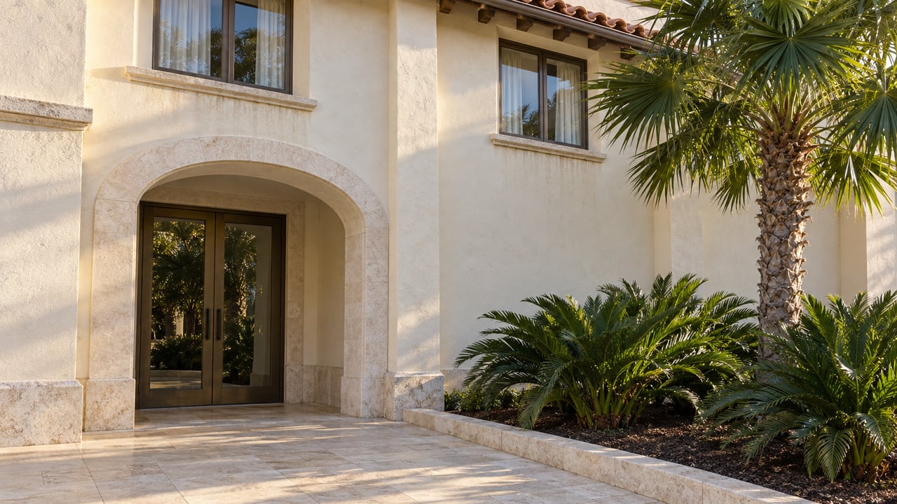 Cream stucco condominium entrance with an arched limestone surround, bronze-framed glass doors, terracotta roof tiles, and a fan palm beside the paved approach.