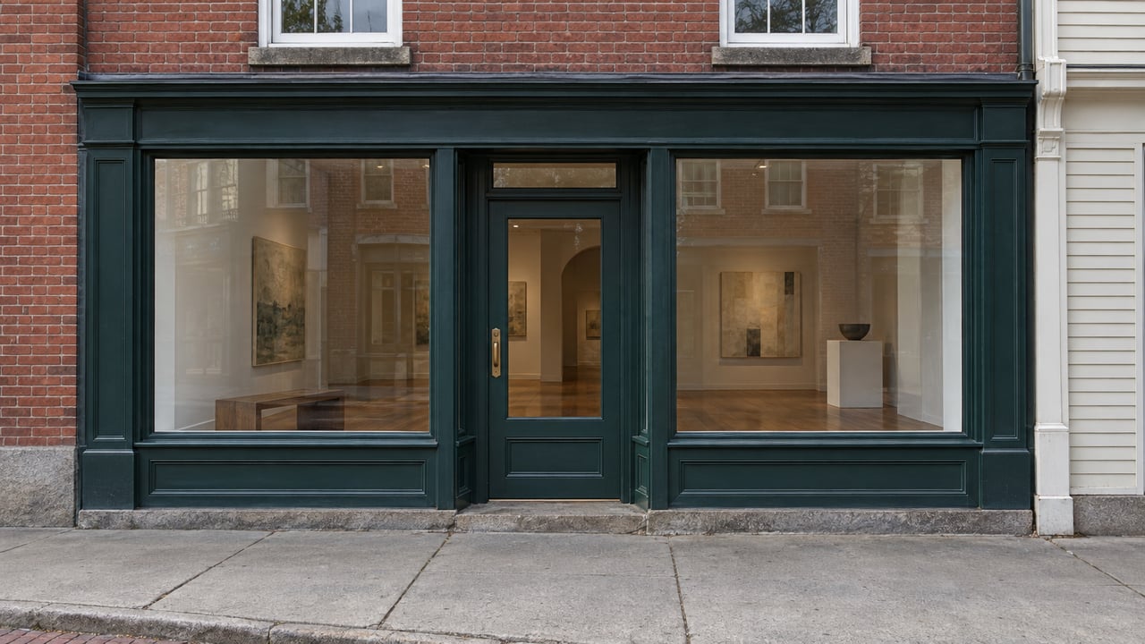 Red-brick storefront with a dark green door, tall glass panes, and a glimpse of oak flooring inside.