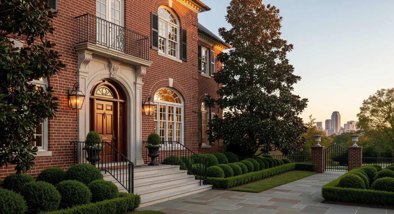 Red-brick mansion with arched entrance, clipped hedges, and a city skyline in the distance.