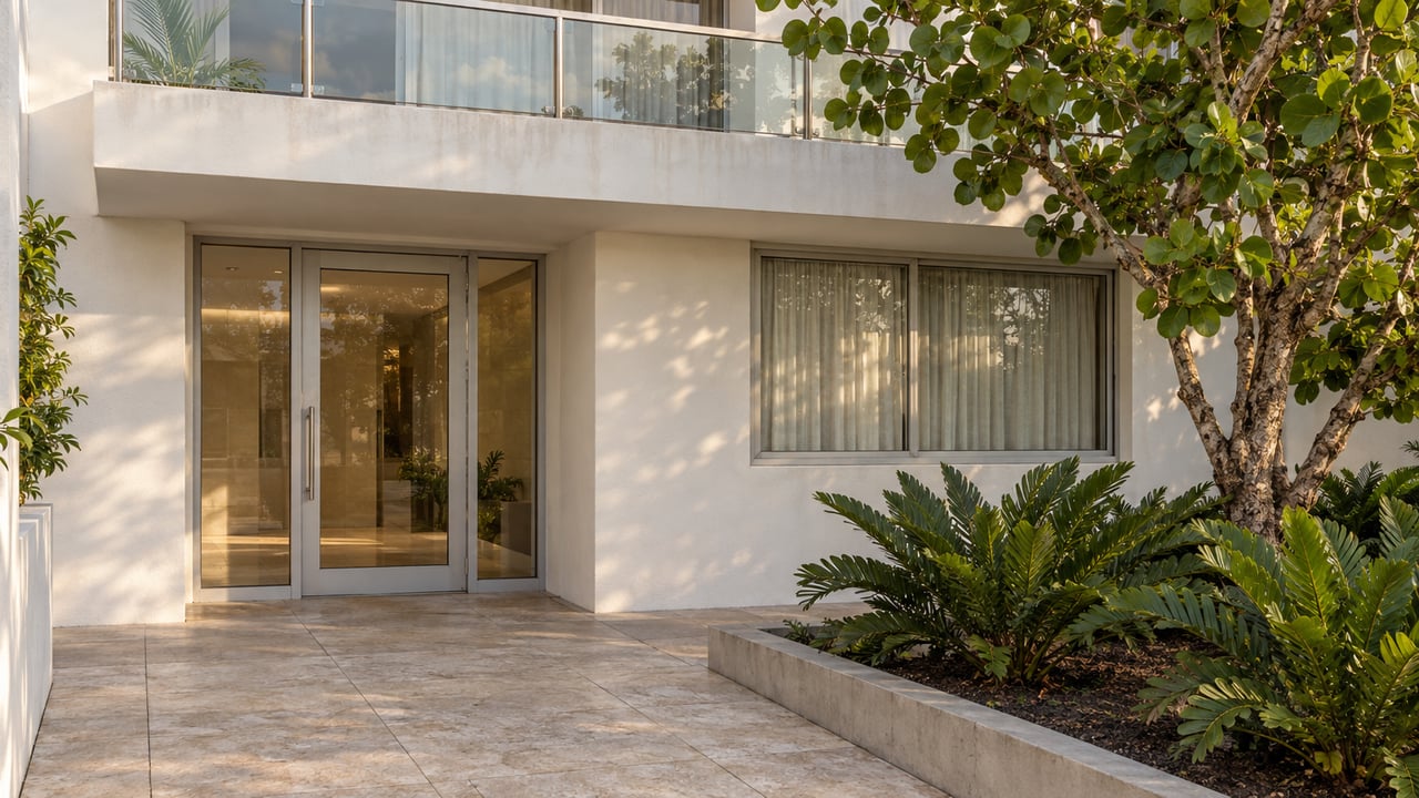 White modern condominium entrance with glass doors, pale stone paving, and a raised bed of sea grape and coontie.