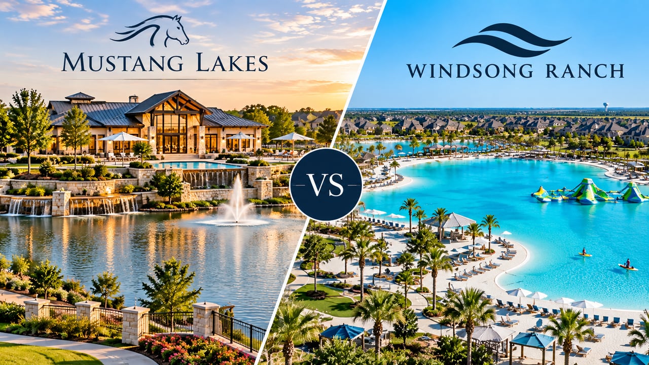 Mustang Lakes and Windsong Ranch comparison, with a clubhouse and pond beside a resort-style pool.