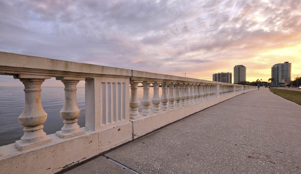 Scenic Bayshore Boulevard in Tampa, Florida, featuring waterfront views, palm trees, and the historic waterfront walkway.