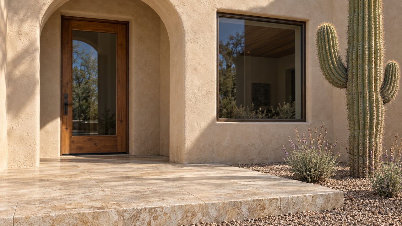 Sunlit sand-stucco patio entry with a mesquite-and-glass door, bronze-framed window, limestone paving and a mature cactus.
