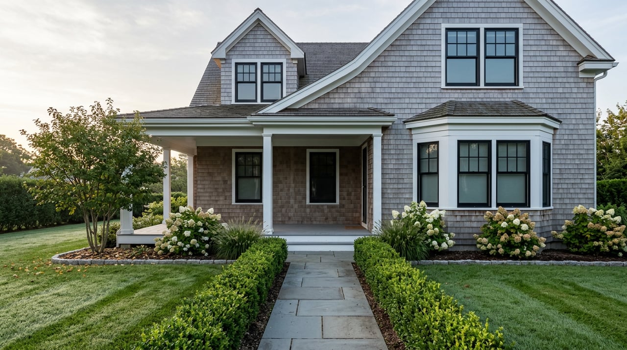 Shingle-style house beyond a dew-covered lawn, with a bluestone walk, clipped hedges, and a covered porch.