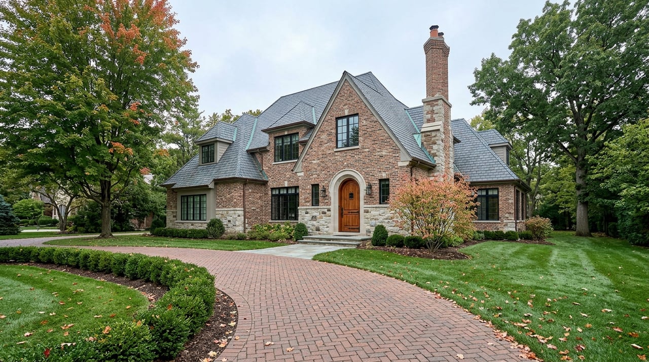 Stone-and-brick estate home with steep gables, an arched wood door, and a curved paver driveway beneath mature trees.