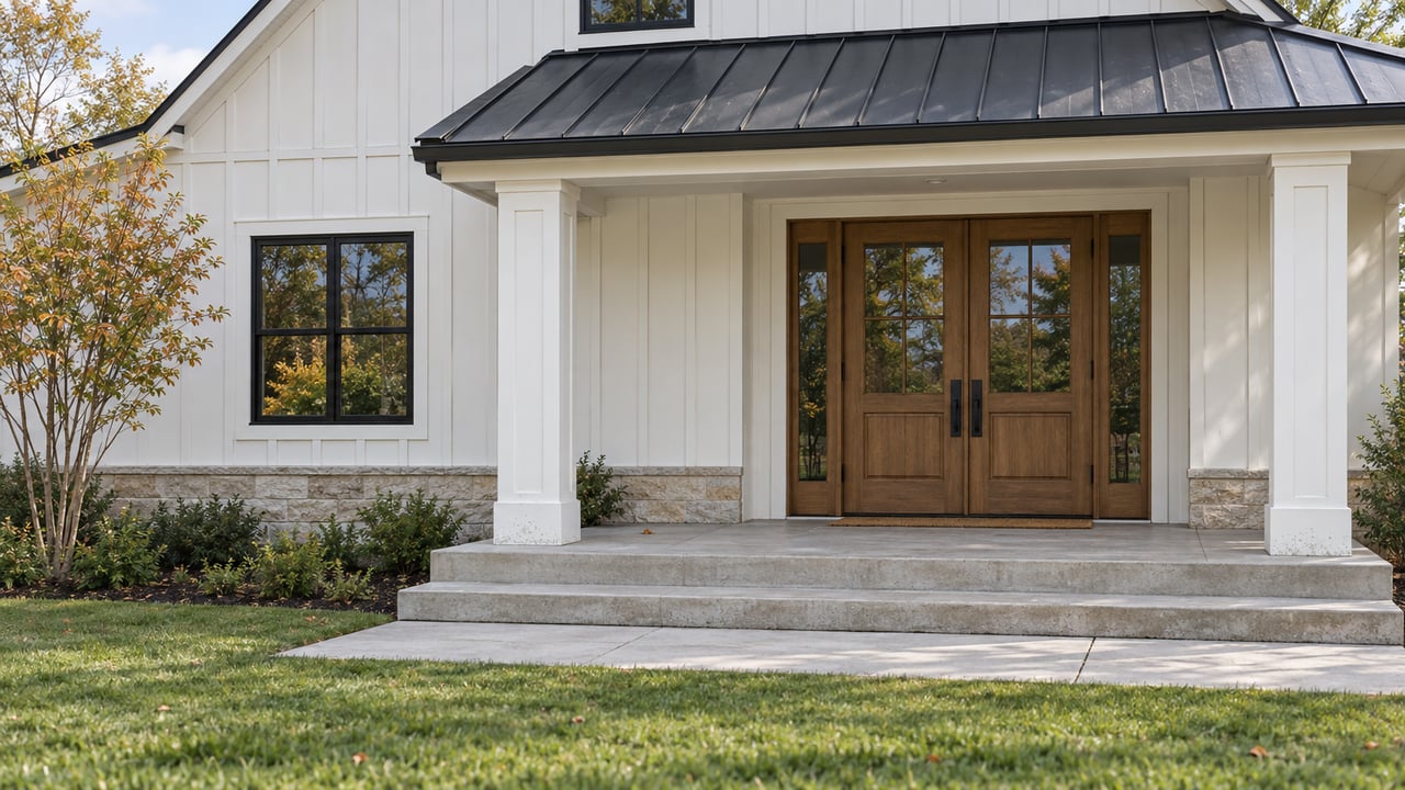 White board-and-batten entry with double wood doors, black-framed window, concrete steps, and lawn.
