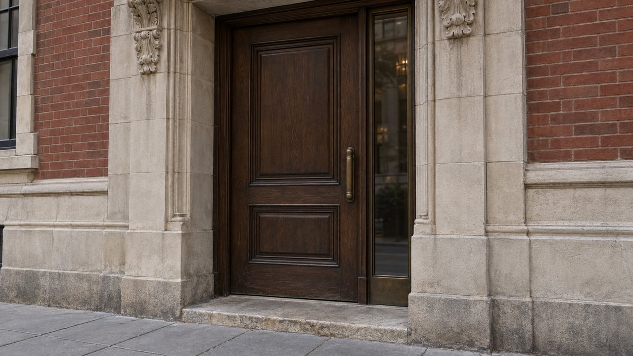 Closed oak apartment door recessed in carved limestone, with a narrow glass sidelight and worn stone step.